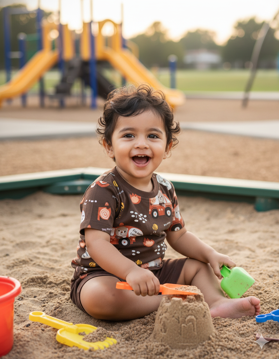 Indian toddler wearing breathable t-shirt and shorts set playing outdoors – lightweight summer kidswear by Doodledry