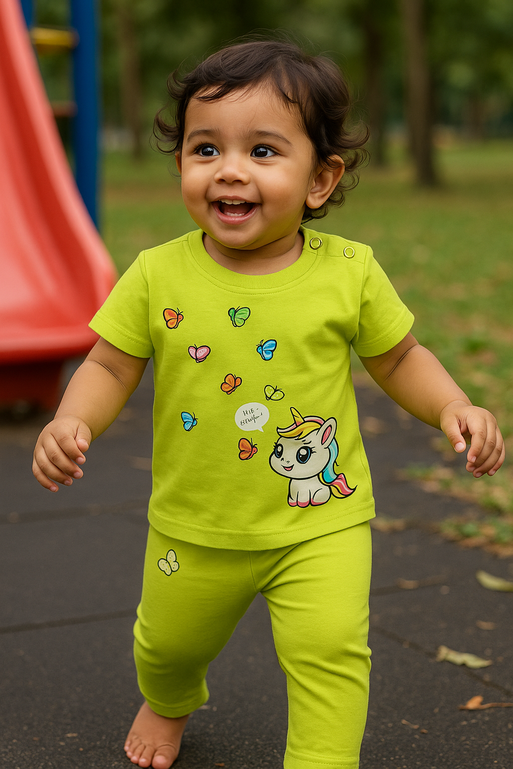 Indian toddler wearing sustainable t-shirt and pants set playing outdoors – eco-friendly everyday kidswear by Doodledry