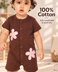 Brown Cotton Baby Rompers – Spill & Stain Resistant, Blooming Daisy Print, 0–12 Months