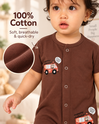 Brown Cotton Baby Rompers – Spill & Stain Resistant, Fire Truck Print, 0–12 Months