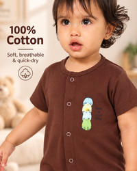 Brown Cotton Baby Rompers – Spill & Stain Resistant, Frog Family Print, 0–12 Months