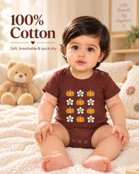 Brown Cotton Baby Onesie – Spill & Stain Resistant, Pumpkin Floral Print, 0–12 Months
