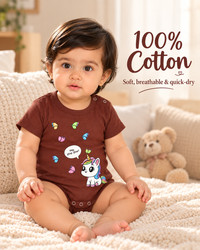 Brown Cotton Baby Onesie – Spill & Stain Resistant, Happy Unicorn Print, 0–12 Months