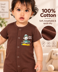 Brown Cotton Baby Rompers – Spill & Stain Resistant, Sailor Monkey Print, 0–12 Months