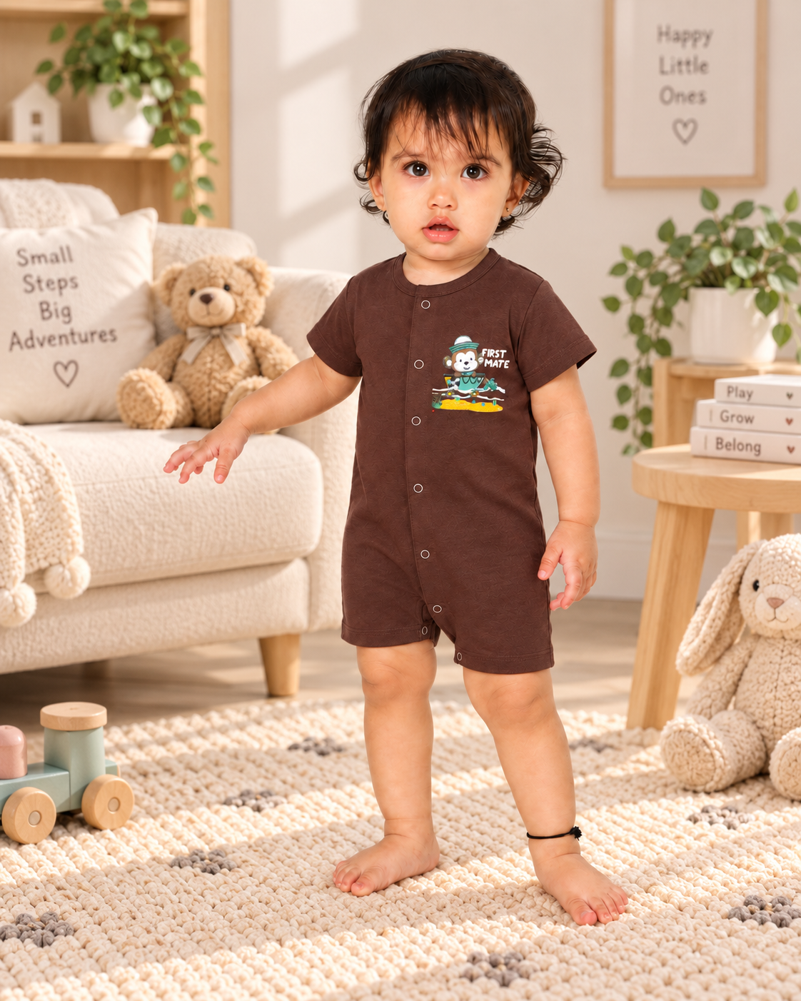 Brown Cotton Baby Rompers – Spill & Stain Resistant, Sailor Monkey Print, 0–12 Months