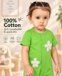 Green Cotton Baby Rompers – Spill & Stain Resistant, Blooming Daisy Print, 0–12 Months