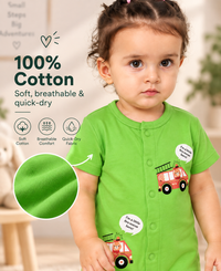 Green Cotton Baby Rompers – Spill & Stain Resistant, Fire Truck Print, 0–12 Months
