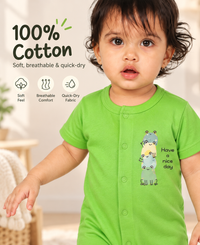 Green Cotton Baby Rompers – Spill & Stain Resistant, Frog Family Print, 0–12 Months