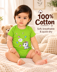 Green Cotton Baby Onesie – Spill & Stain Resistant, Happy Unicorn Print, 0–12 Months