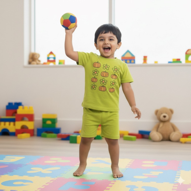 Pumkin flowers Cozy Cotton Wear for Babies & Kids  | Unisex | Green | Doodledry