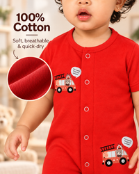 Red Cotton Baby Rompers – Spill & Stain Resistant, Fire Truck Print, 0–12 Months