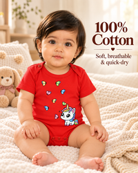 Red Cotton Baby Onesie – Spill & Stain Resistant, Happy Unicorn Print, 0–12 Months