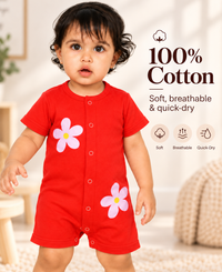 Red Cotton Baby Rompers – Spill & Stain Resistant, Blooming Daisy Print, 0–12 Months
