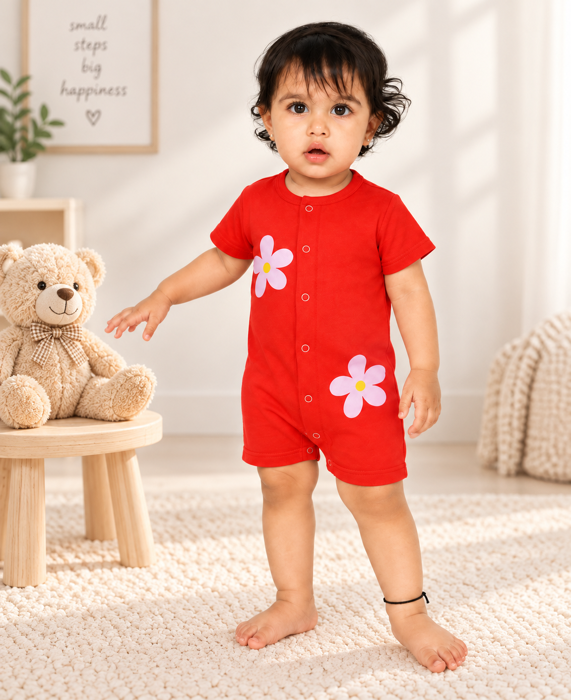 Red Cotton Baby Rompers – Spill & Stain Resistant, Blooming Daisy Print, 0–12 Months
