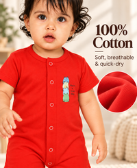 Red Cotton Baby Rompers – Spill & Stain Resistant, Frog Family Print, 0–12 Months