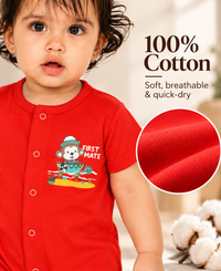 Red Cotton Baby Rompers – Spill & Stain Resistant, Sailor Monkey Print, 0–12 Months