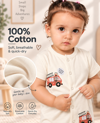 White Cotton Baby Rompers – Spill & Stain Resistant, Fire Truck Print, 0–12 Months