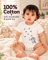 White Cotton Baby Onesie – Spill & Stain Resistant, Happy Unicorn Print, 0–12 Months