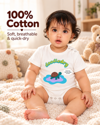 White Cotton Baby Onesie – Spill & Stain Resistant, Puddle Turtle Print, 0–12 Months