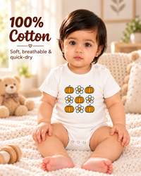 White Cotton Baby Onesie – Spill & Stain Resistant, Pumpkin Floral Print, 0–12 Months