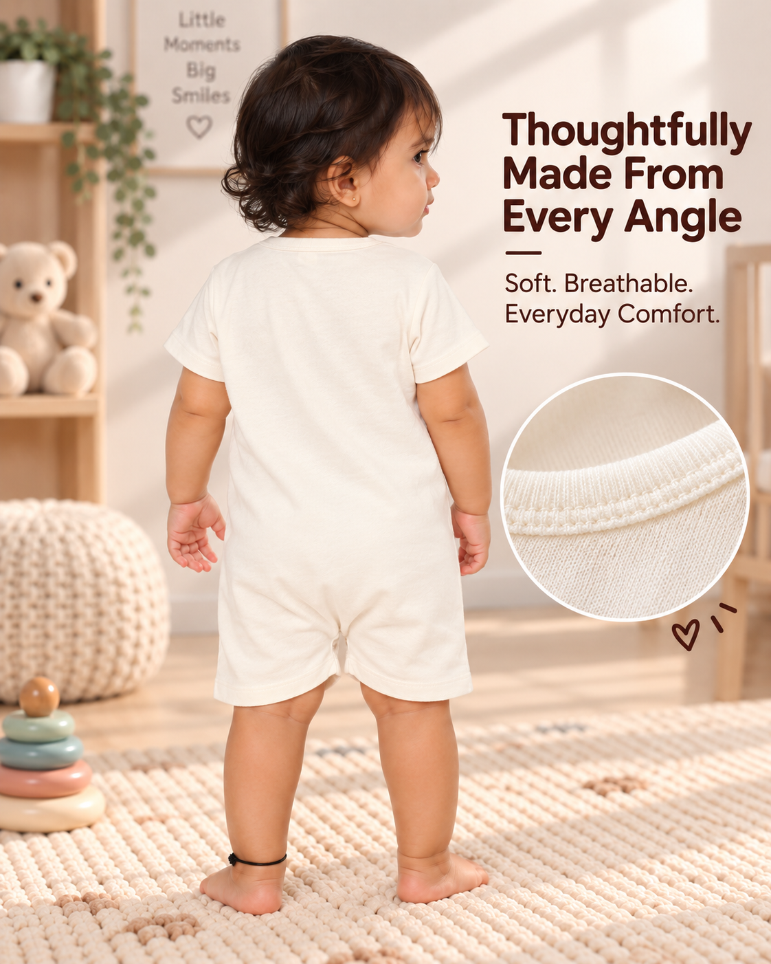 White Cotton Baby Rompers – Spill & Stain Resistant, Sailor Monkey Print, 0–12 Months
