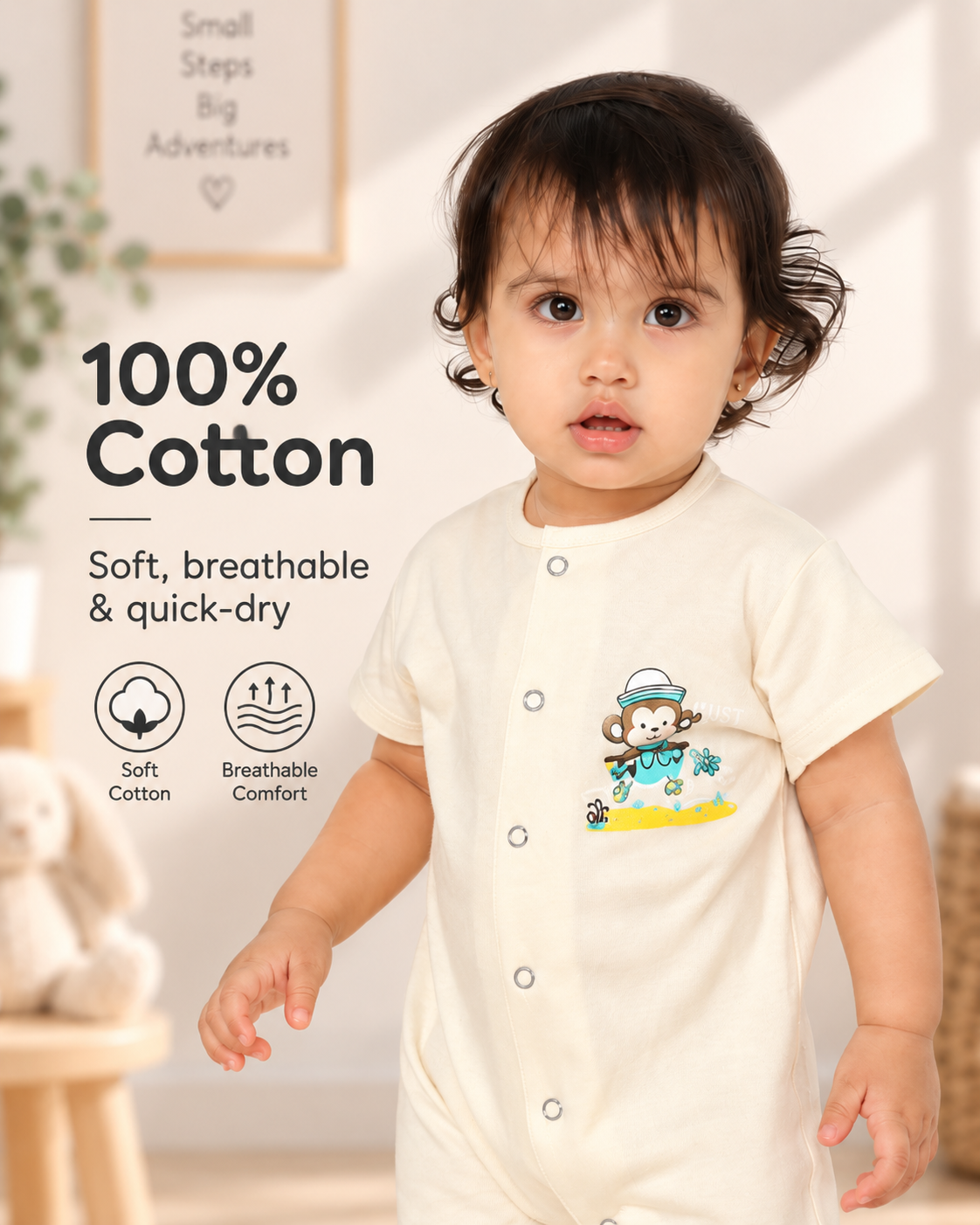 White Cotton Baby Rompers – Spill & Stain Resistant, Sailor Monkey Print, 0–12 Months