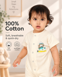 White Cotton Baby Rompers – Spill & Stain Resistant, Sailor Monkey Print, 0–12 Months