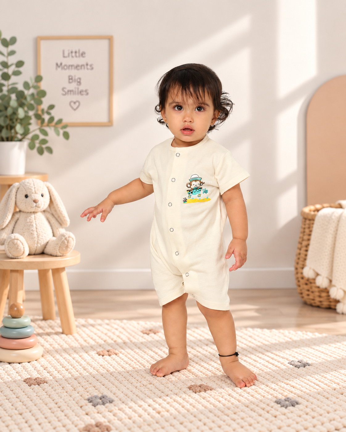 White Cotton Baby Rompers – Spill & Stain Resistant, Sailor Monkey Print, 0–12 Months