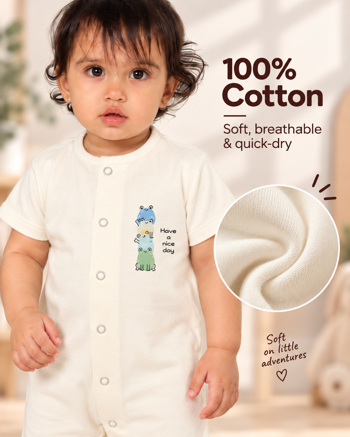 White Cotton Baby Rompers – Spill & Stain Resistant, Frog Family Print, 0–12 Months