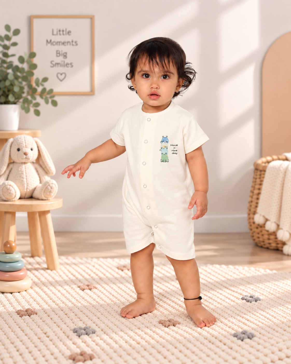 White Cotton Baby Rompers – Spill & Stain Resistant, Frog Family Print, 0–12 Months
