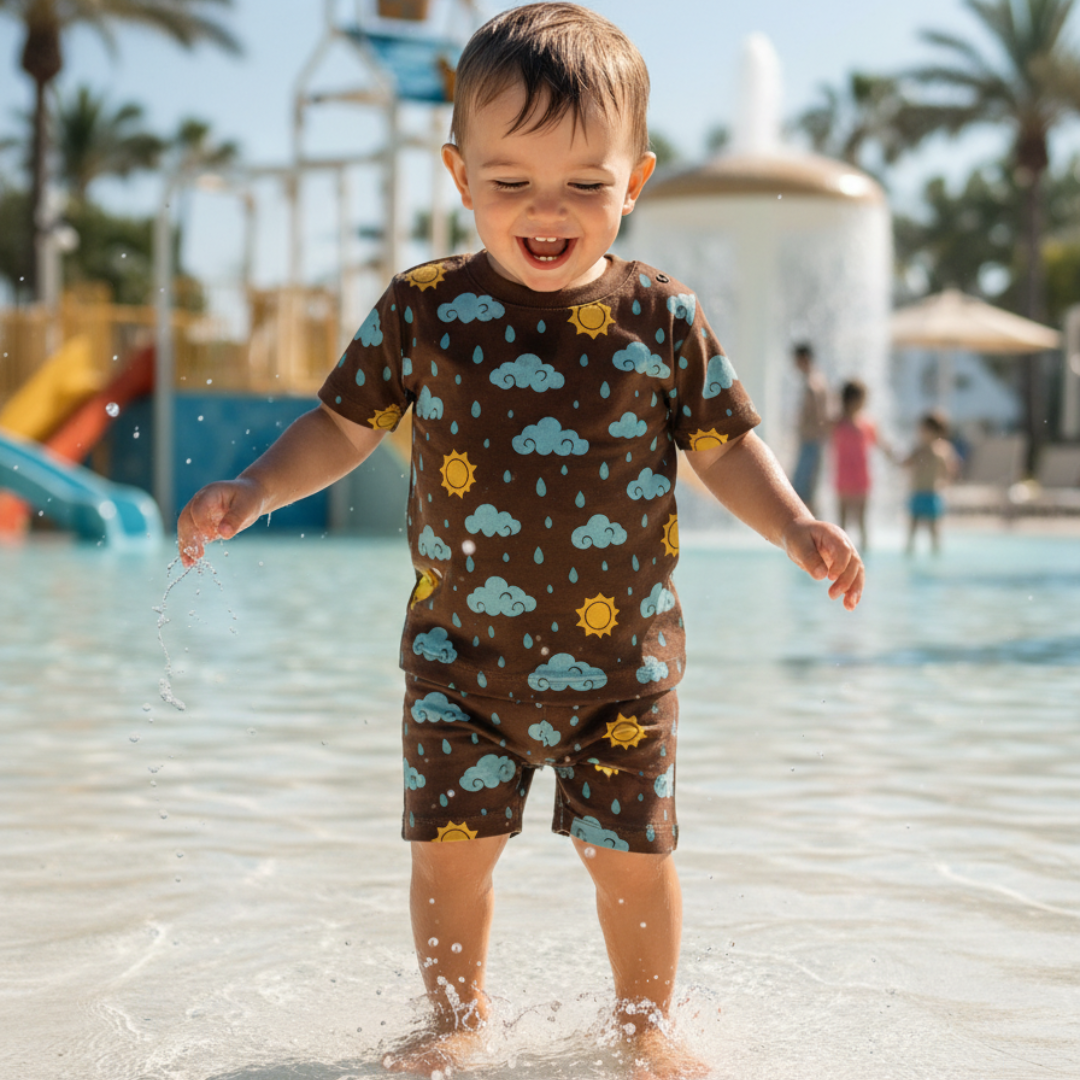 Indian todddler wearing a cuddle brown cloud printed tshirt and shorts set by doodledry - made from 100% cotton powered by durable water repellent technology and anti-stain features